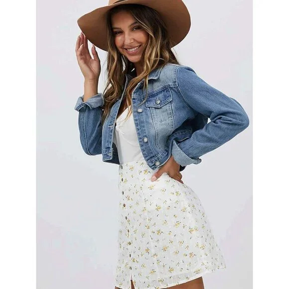 Brand New Women's Acid Blue Washed Cotton Fitted Cropped Denim Jacket Casual - Picture 4 of 7